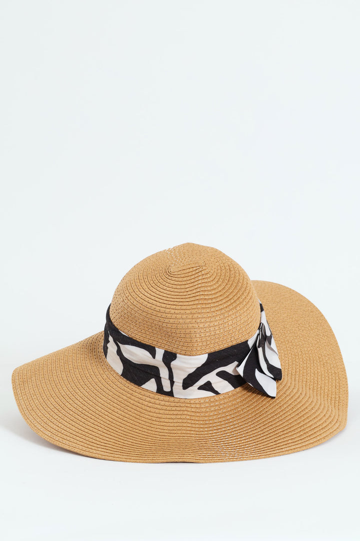 Floral Ribbon Wide Brim Sunhat - Tan