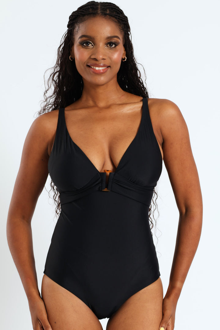 Plunge One Piece Swimsuit - Black