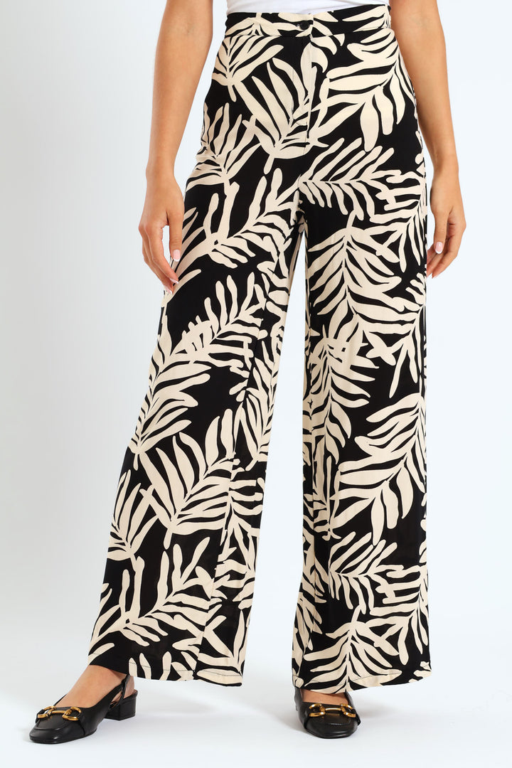 Pull-On Wideleg Leaf Print Pants - Black/Cream