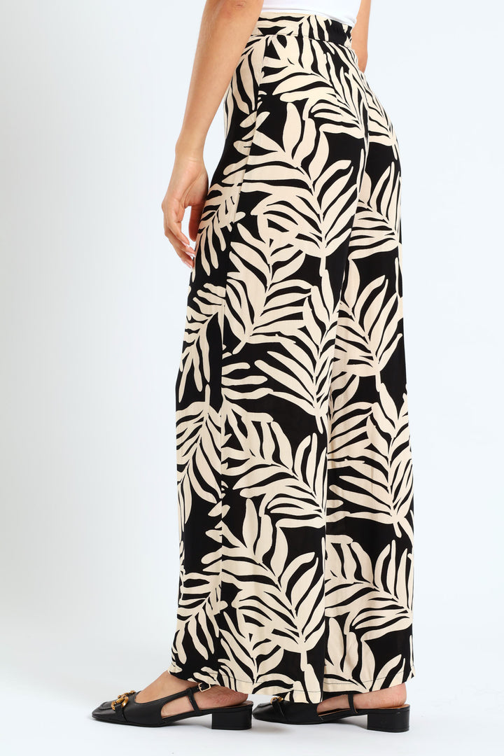 Pull-On Wideleg Leaf Print Pants - Black/Cream