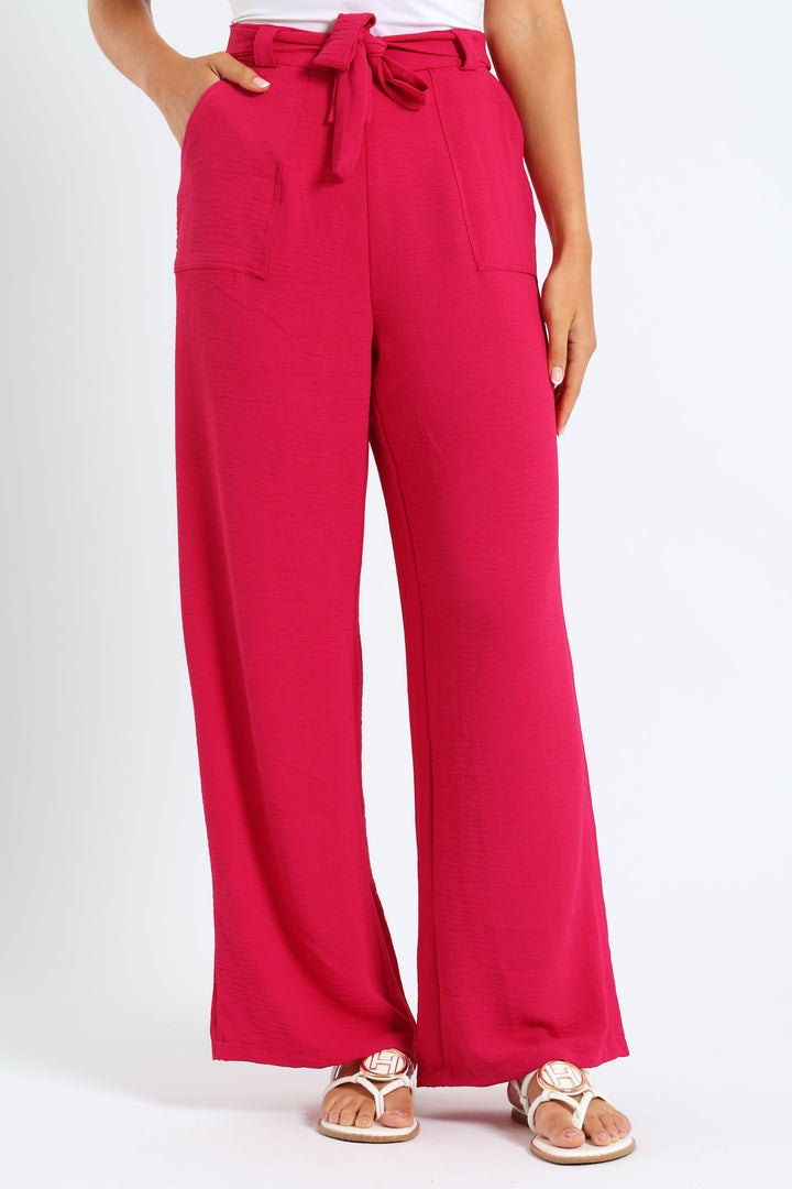 Pull-On Wideleg Pants With Mock Belt - Dark Pink