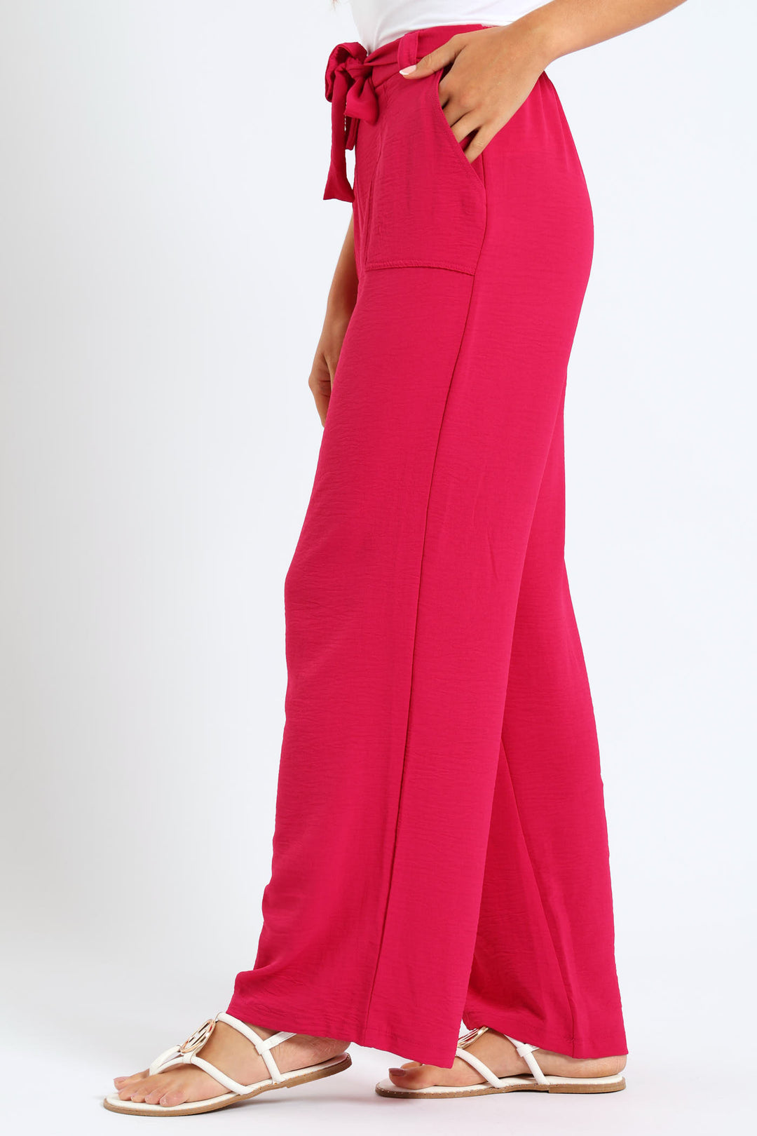 Pull-On Wideleg Pants With Mock Belt - Dark Pink