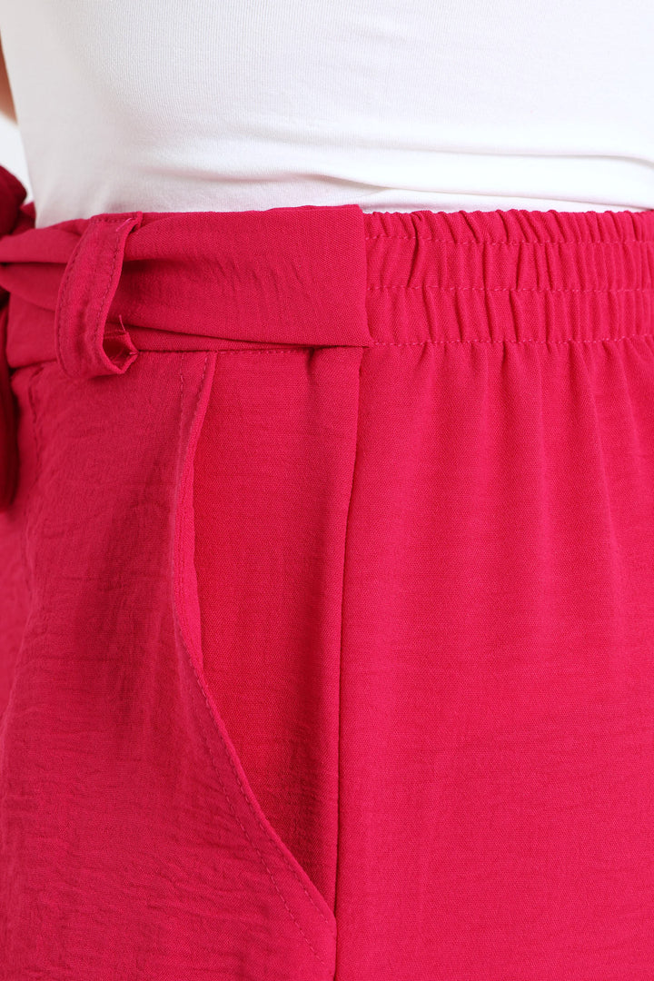 Pull-On Wideleg Pants With Mock Belt - Dark Pink