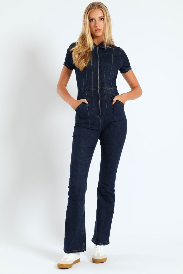 Zip-Up Denim Short-Sleeve Jumpsuit - Dark Blue