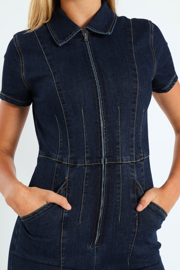 Zip-Up Denim Short-Sleeve Jumpsuit - Dark Blue