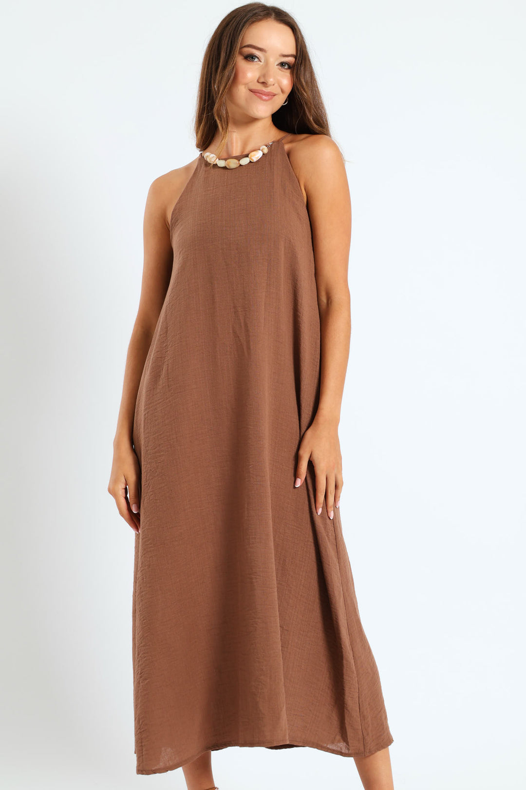 Strappy Hi-Neck Maxi Slip Dress With Necklace - Mid Brown