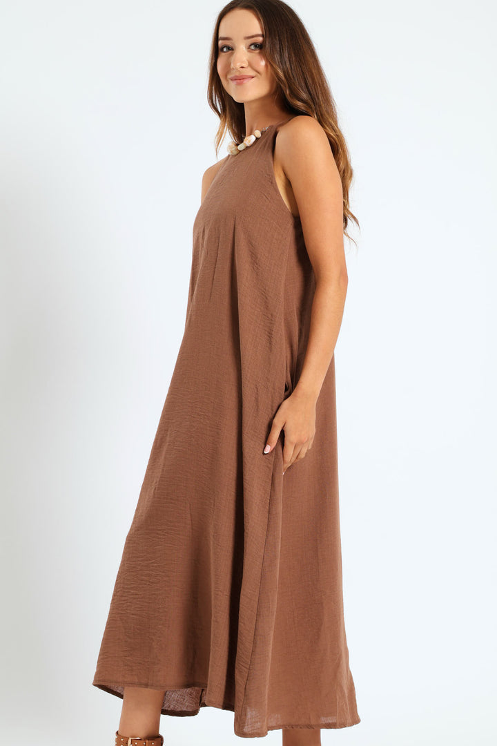 Strappy Hi-Neck Maxi Slip Dress With Necklace - Mid Brown