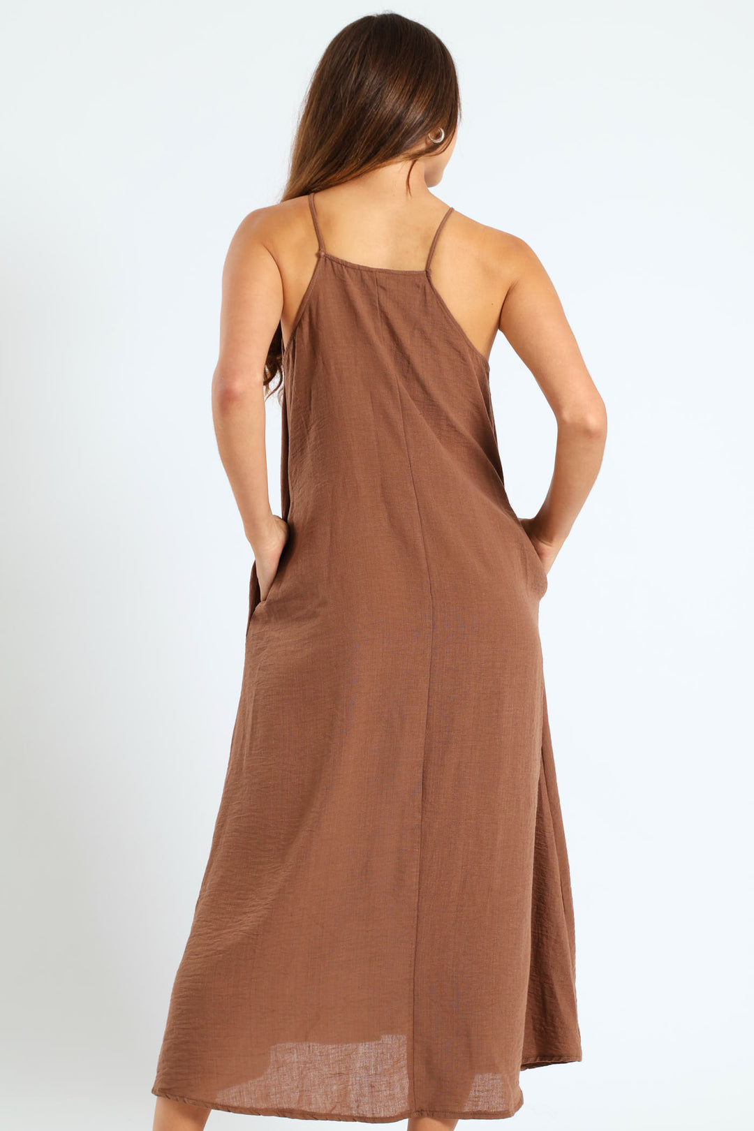 Strappy Hi-Neck Maxi Slip Dress With Necklace - Mid Brown