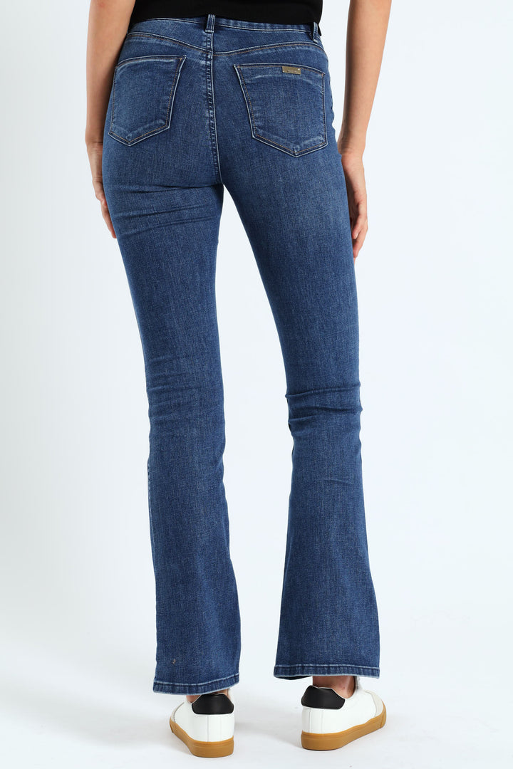 High Waist Bootleg Denim With Exposed Buttons - Dark Blue