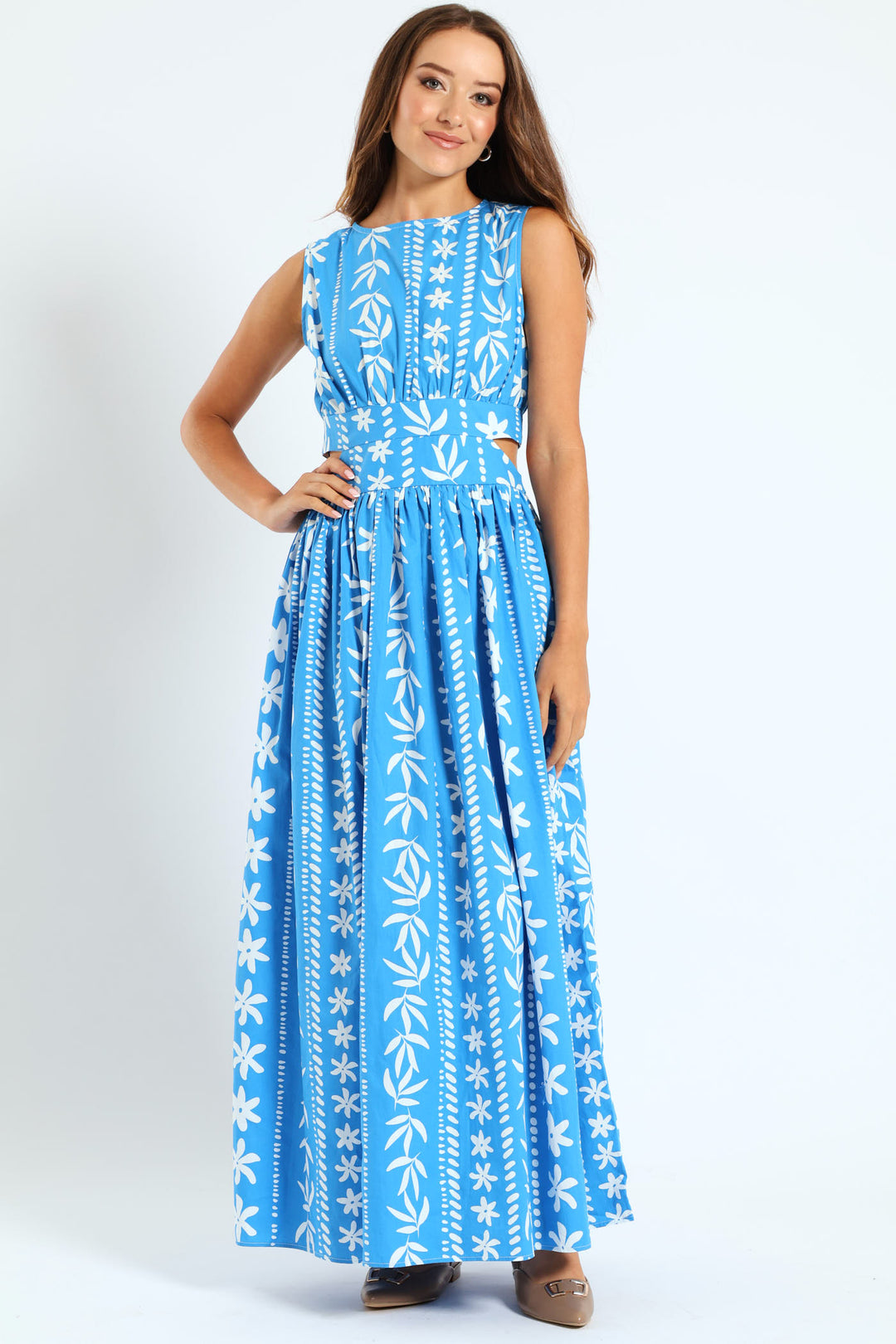 Cut-Out Printed Poplin Maxi Dress - White/Blue