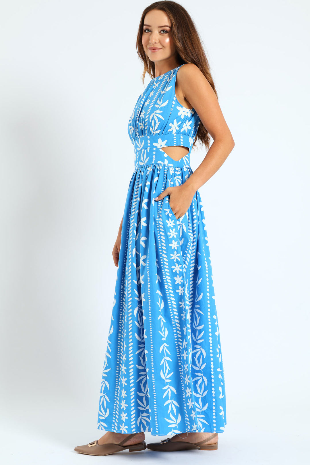 Cut-Out Printed Poplin Maxi Dress - White/Blue