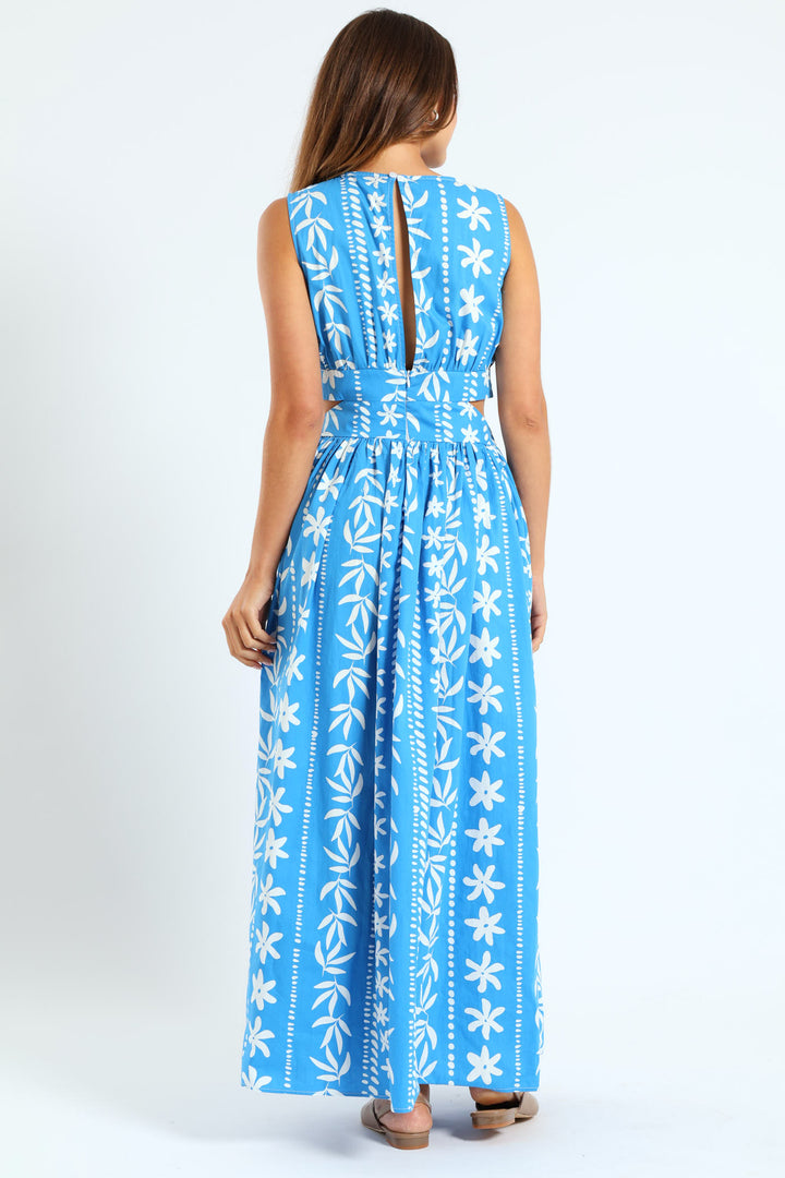 Cut-Out Printed Poplin Maxi Dress - White/Blue