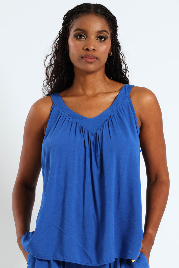 V-Neck Tie Back Linen Cami With Pintuck Detail - Cobalt