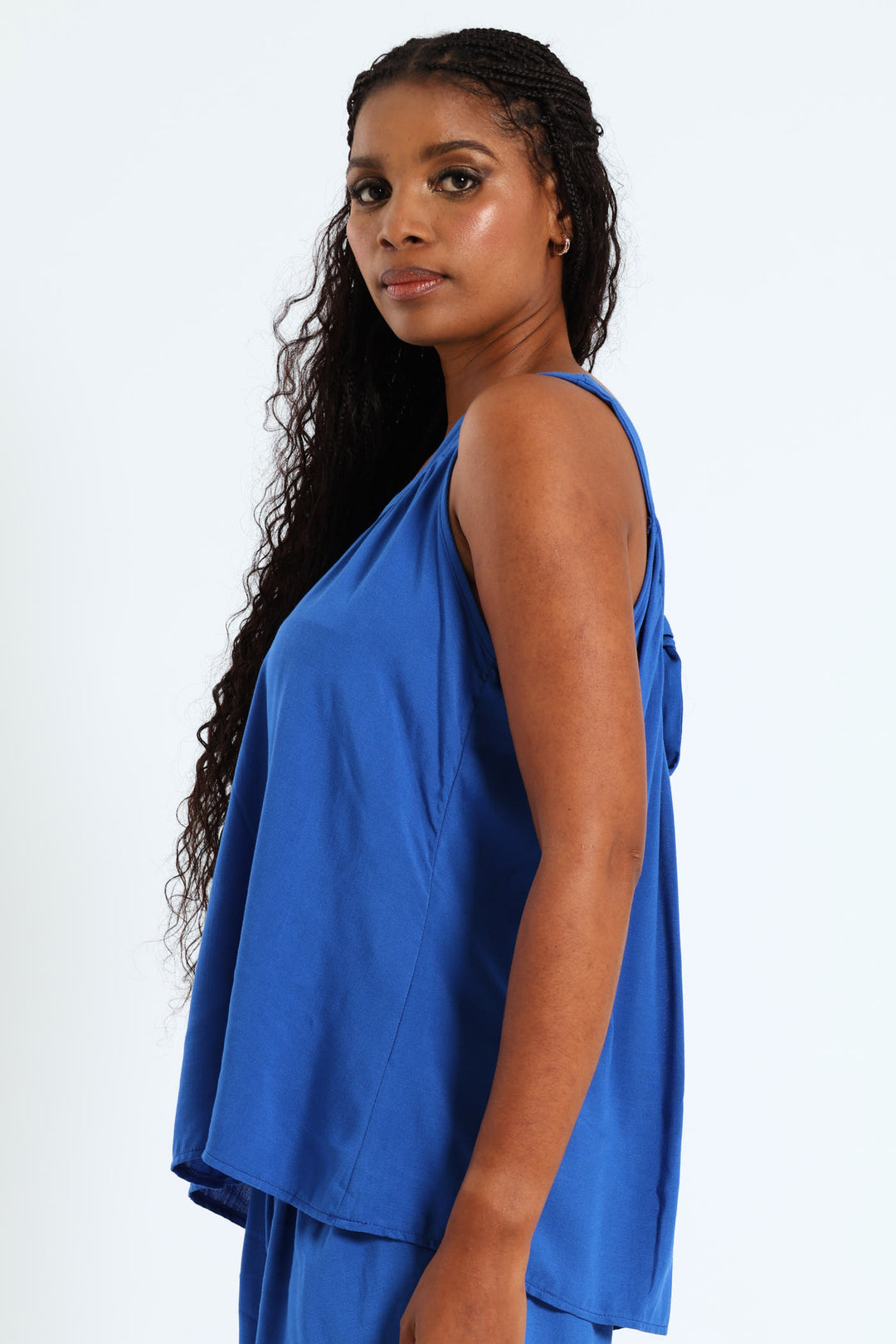 V-Neck Tie Back Linen Cami With Pintuck Detail - Cobalt