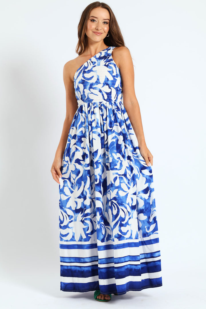 One Shoulder Shirred Bodice Floral Border Print Maxi Dress - White/Blue