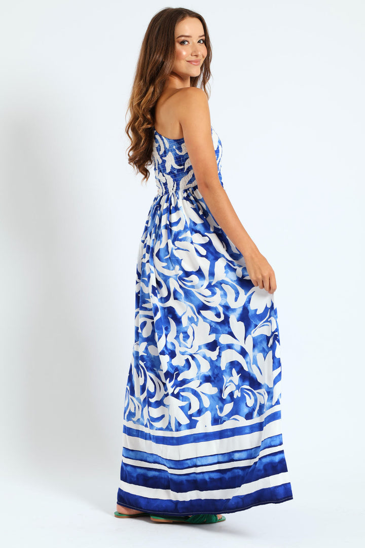 One Shoulder Shirred Bodice Floral Border Print Maxi Dress - White/Blue