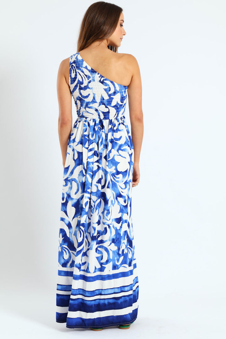 One Shoulder Shirred Bodice Floral Border Print Maxi Dress - White/Blue