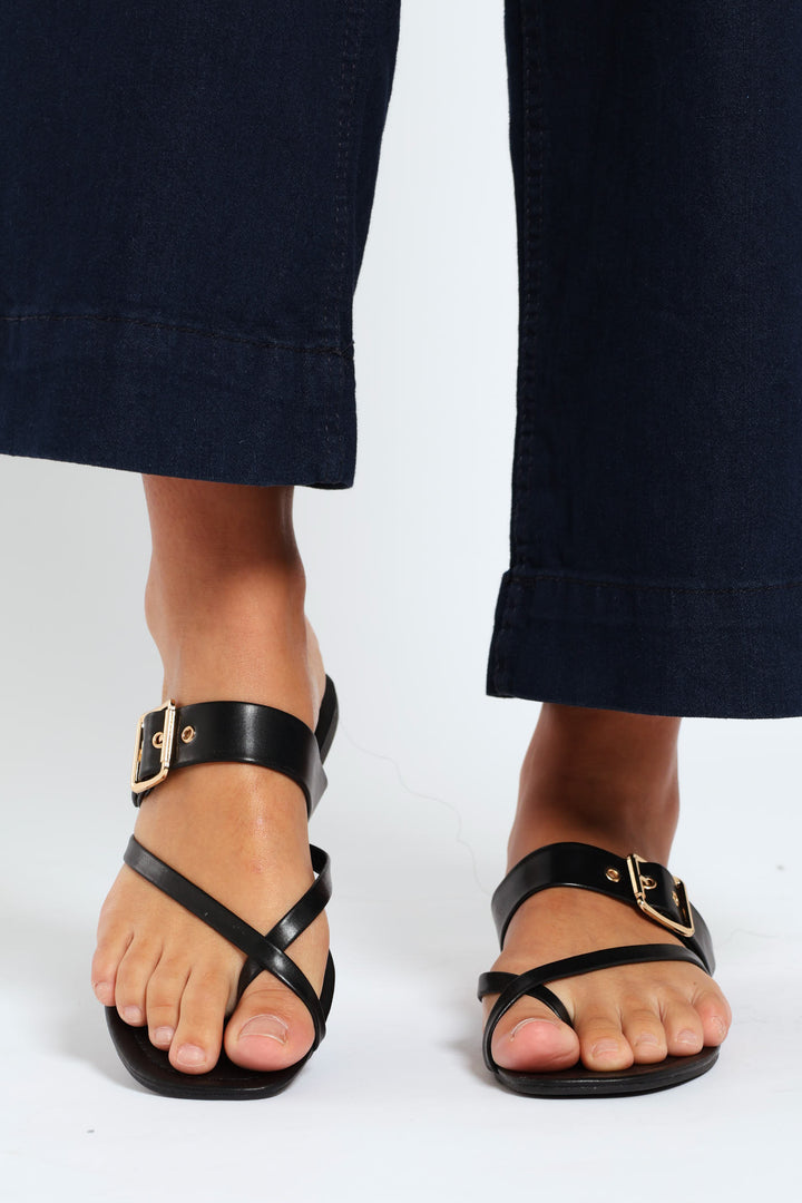 Buckle Detail Toe Post Sandal - Black