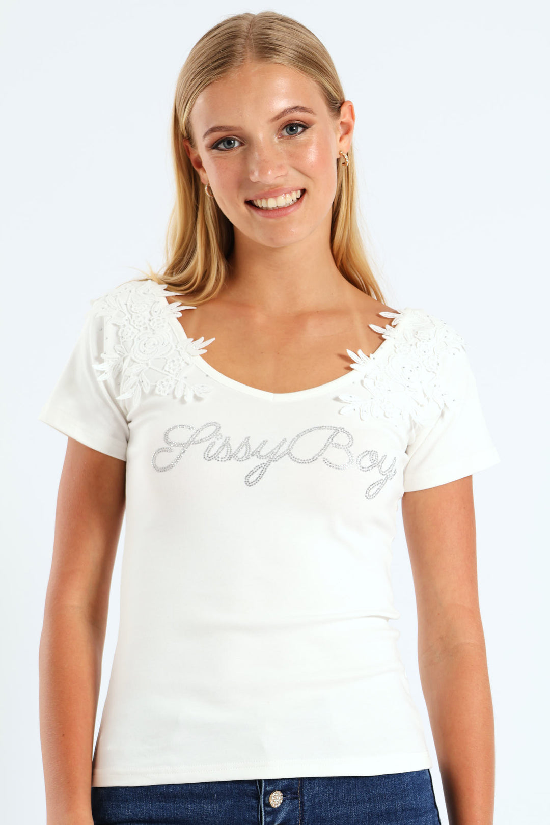 Bling Logo Top With Lace - White