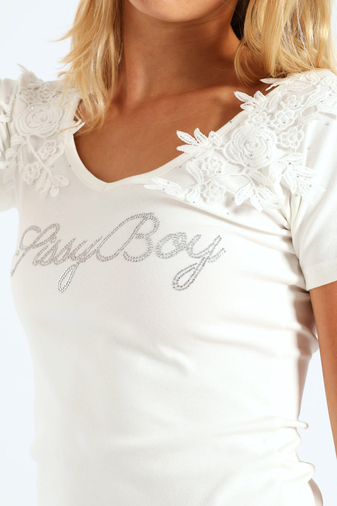 Bling Logo Top With Lace - White