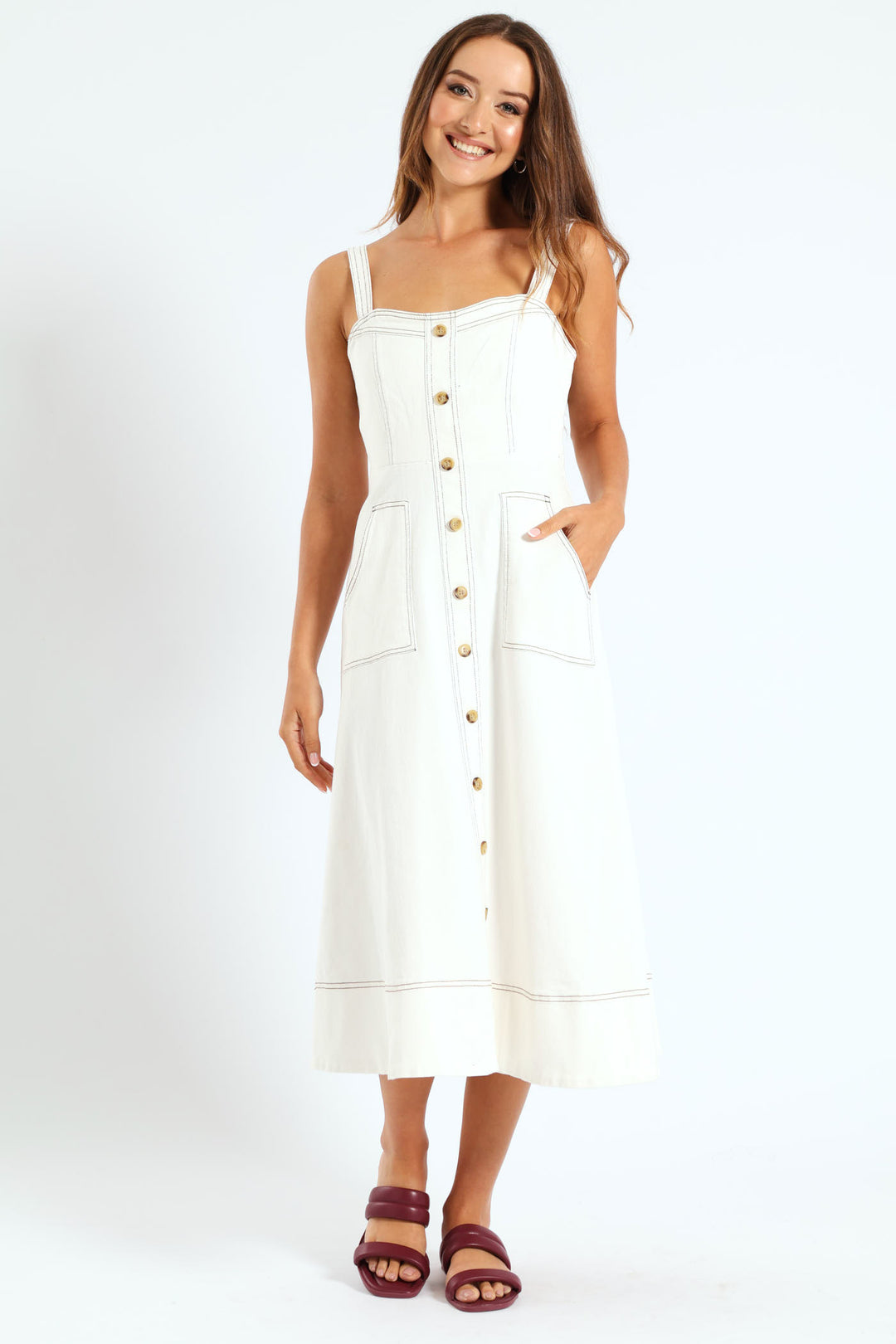 Fit & Flare Button Through Twill Midi Dress - Off White