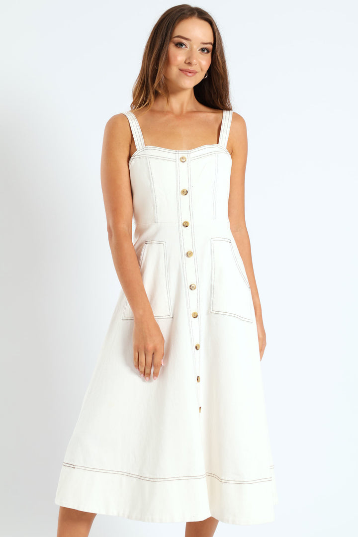 Fit & Flare Button Through Twill Midi Dress - Off White