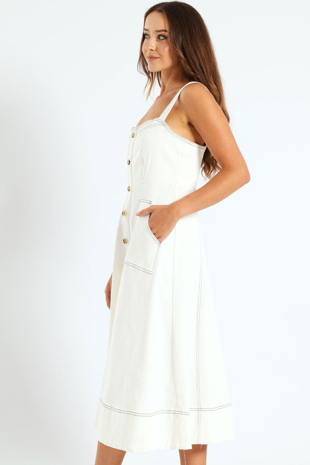 Fit & Flare Button Through Twill Midi Dress - Off White