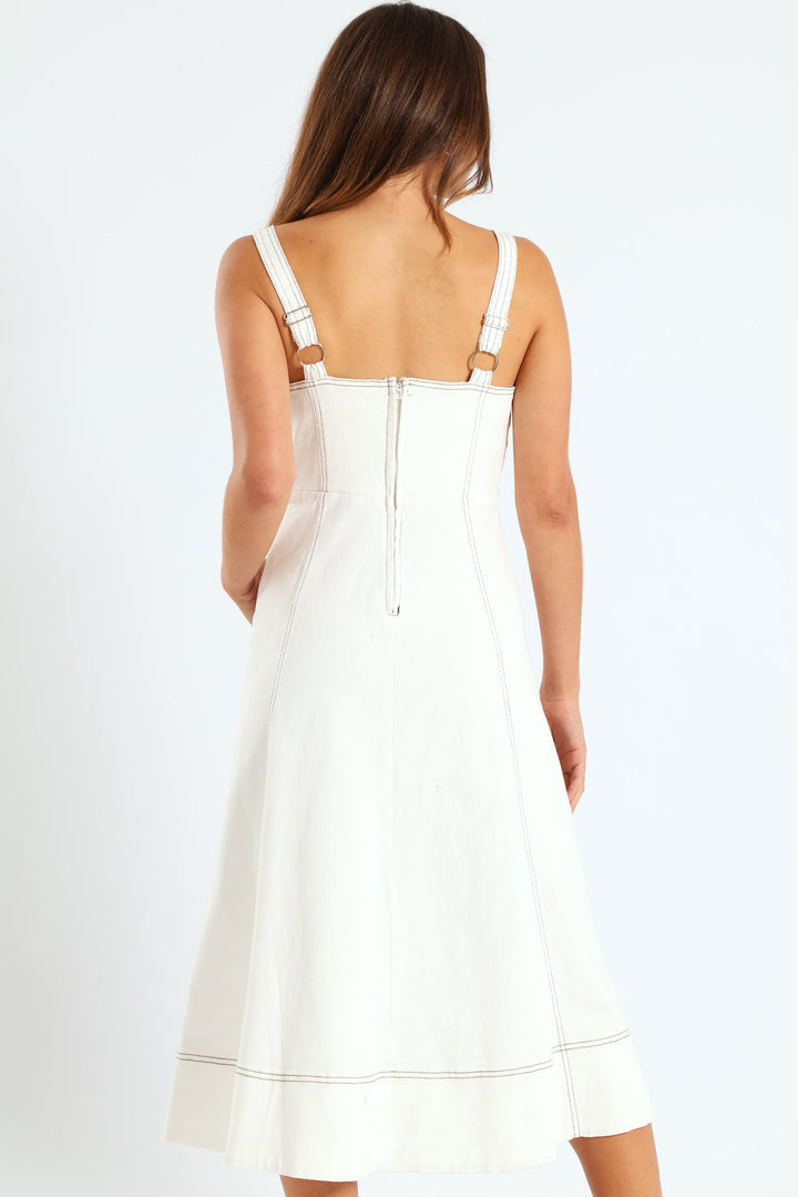 Fit & Flare Button Through Twill Midi Dress - Off White