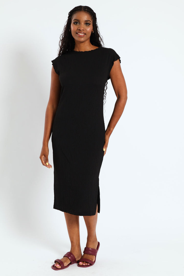 Grown On Sleeve Side Slit Coloumn Midaxi Dress - Black