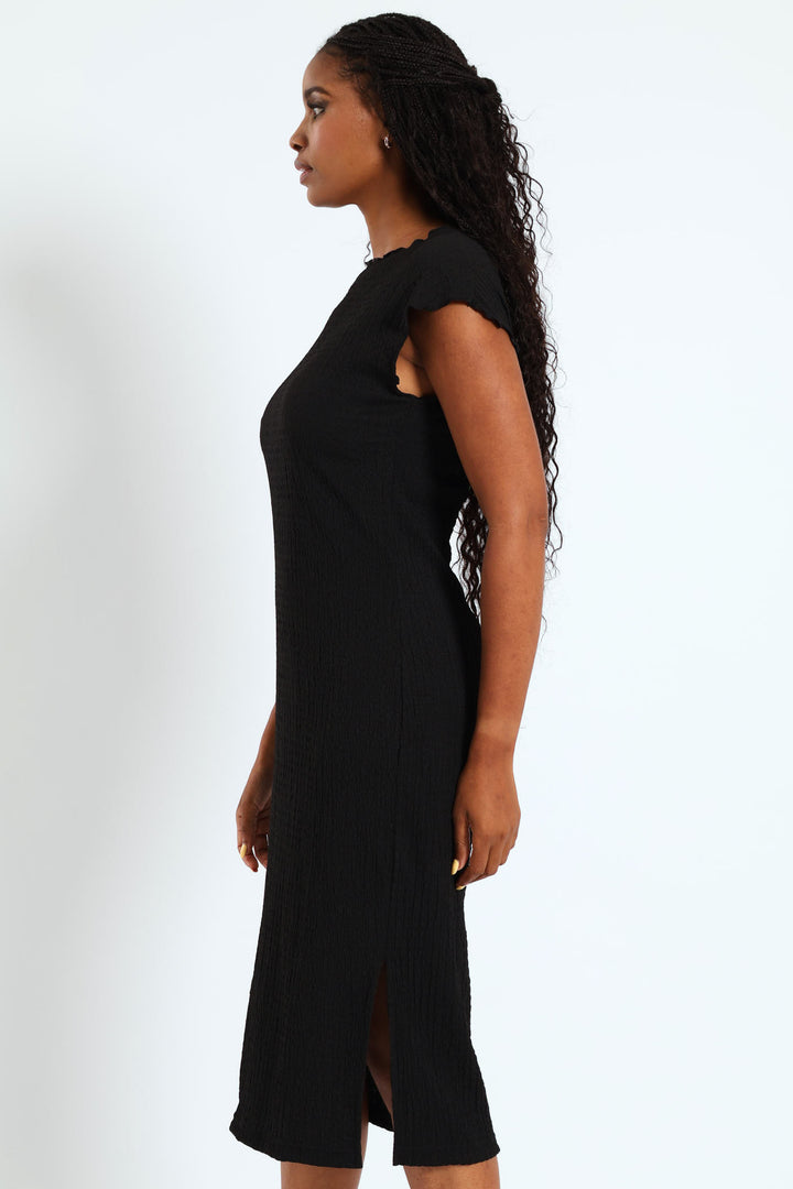 Grown On Sleeve Side Slit Coloumn Midaxi Dress - Black