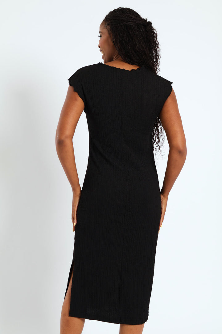 Grown On Sleeve Side Slit Coloumn Midaxi Dress - Black