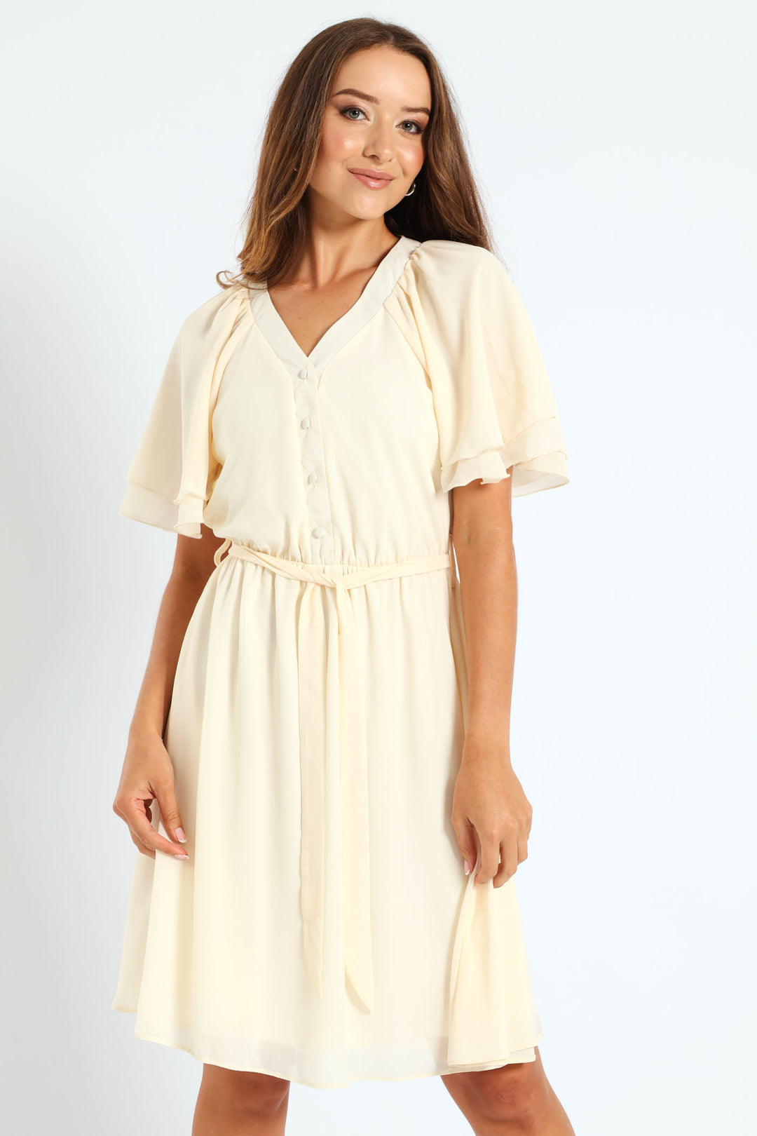 V-Neck Flutter Sleeve Belted Tea Dress - Cream