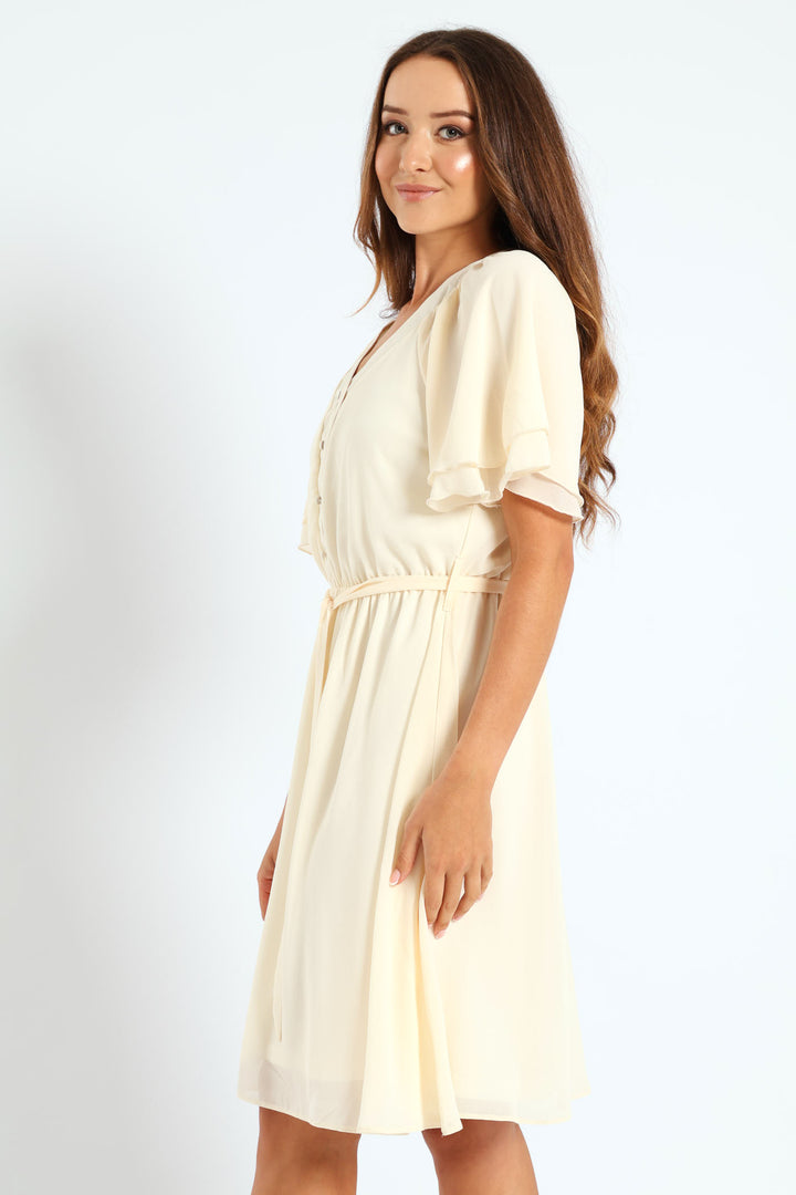 V-Neck Flutter Sleeve Belted Tea Dress - Cream