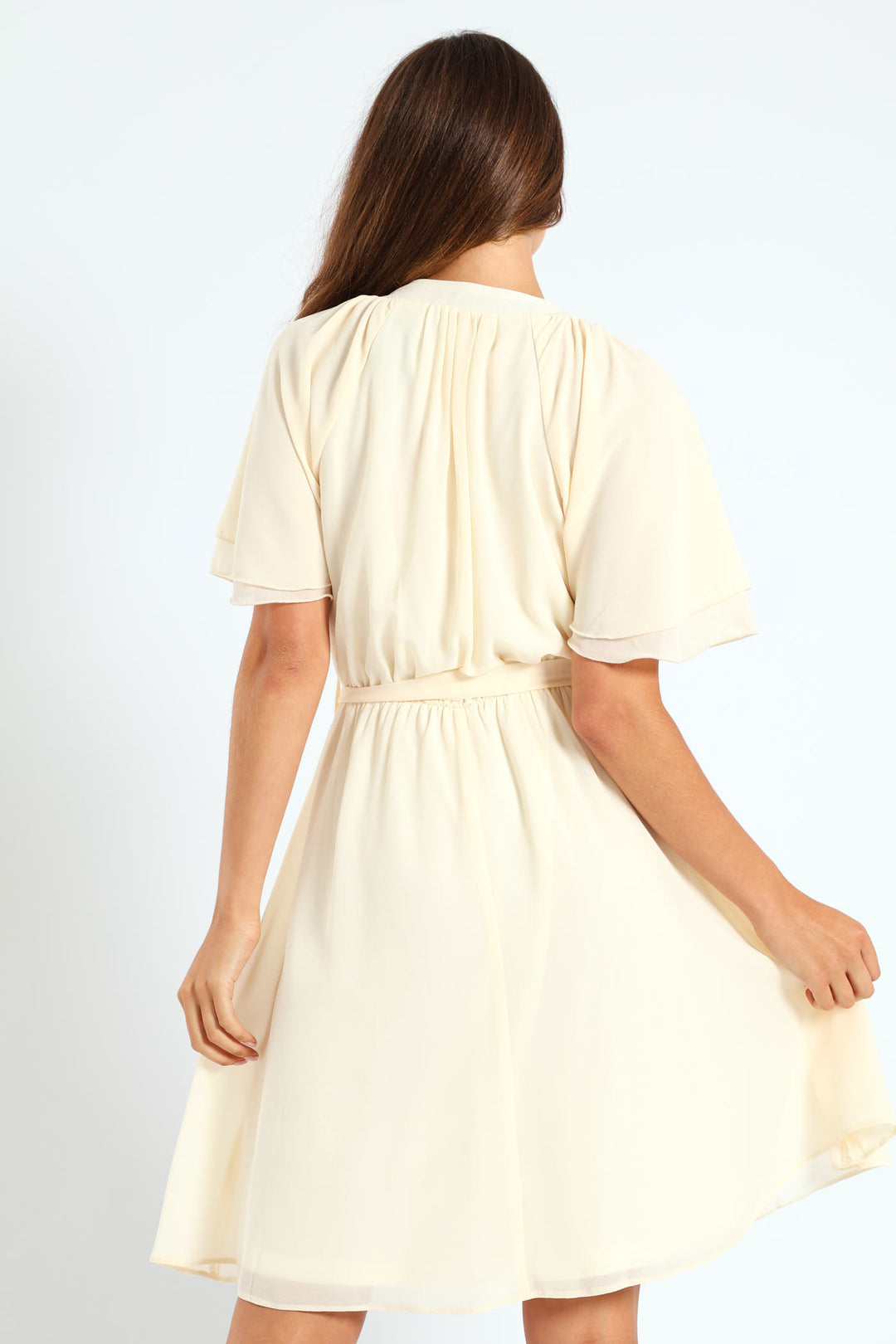 V-Neck Flutter Sleeve Belted Tea Dress - Cream