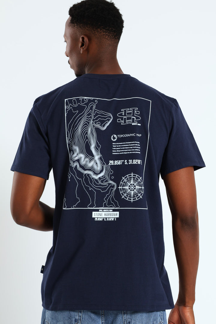 Topographic Front & Back Print Tee - Navy