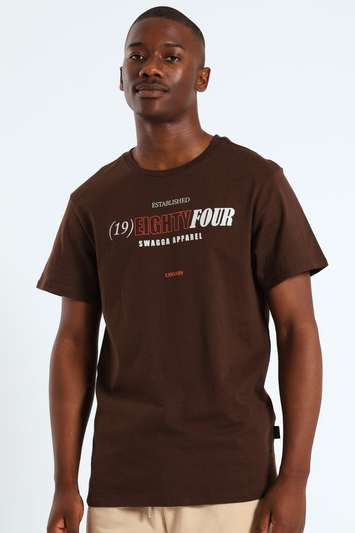 Short Sleeve Basic Print Tee - Brown