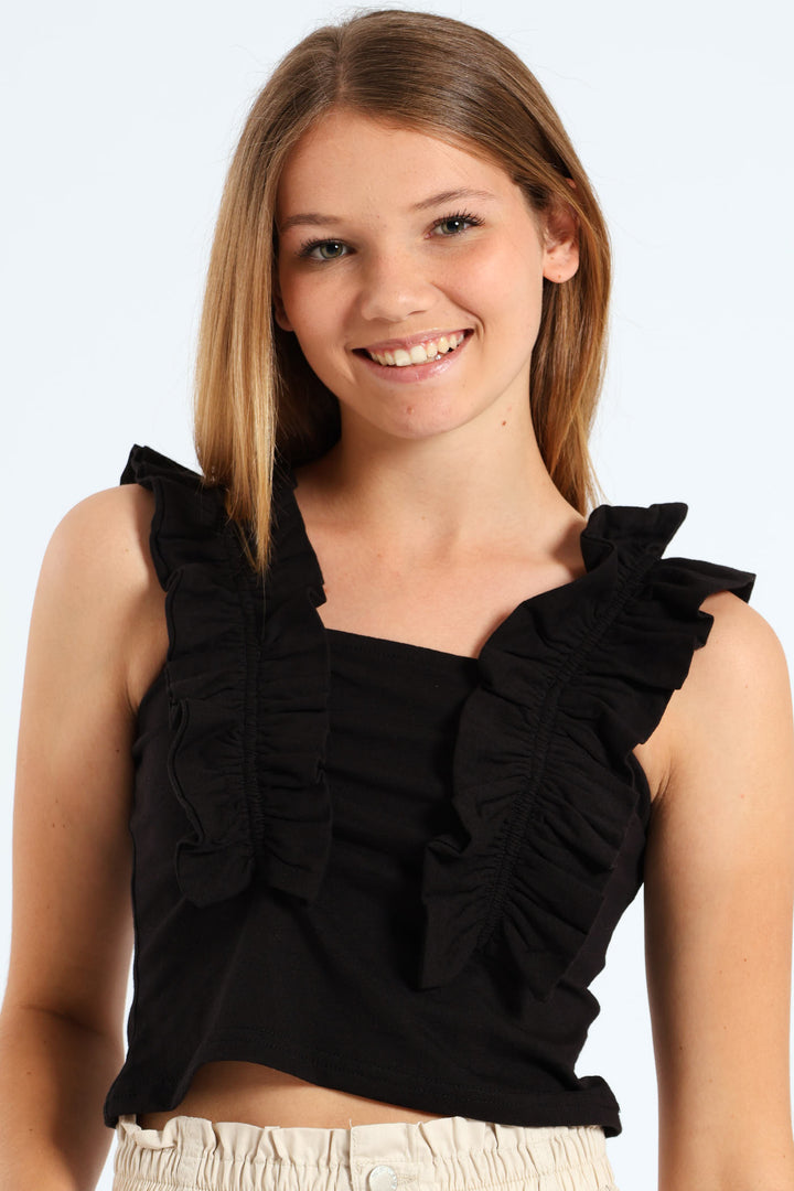 Girls Frilled Lycra Top - Black