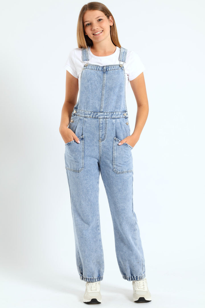 Girls Long Denim Dungaree - Light Blue