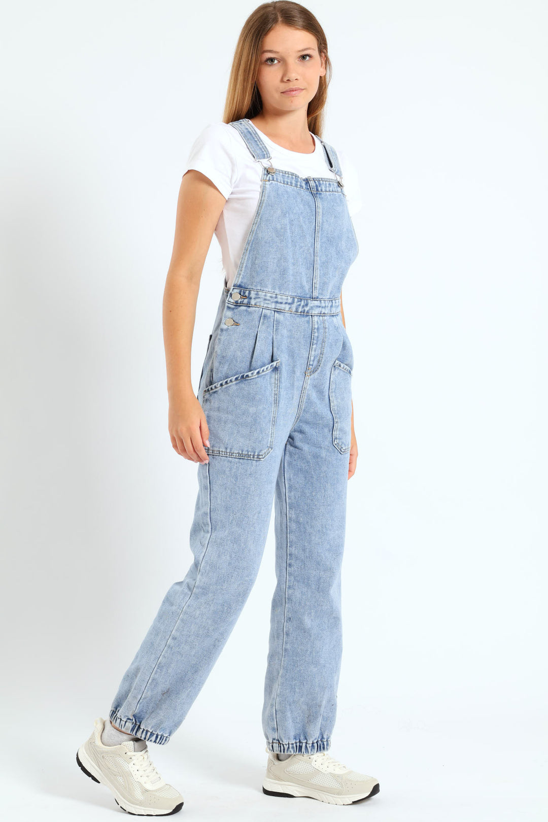 Girls Long Denim Dungaree - Light Blue