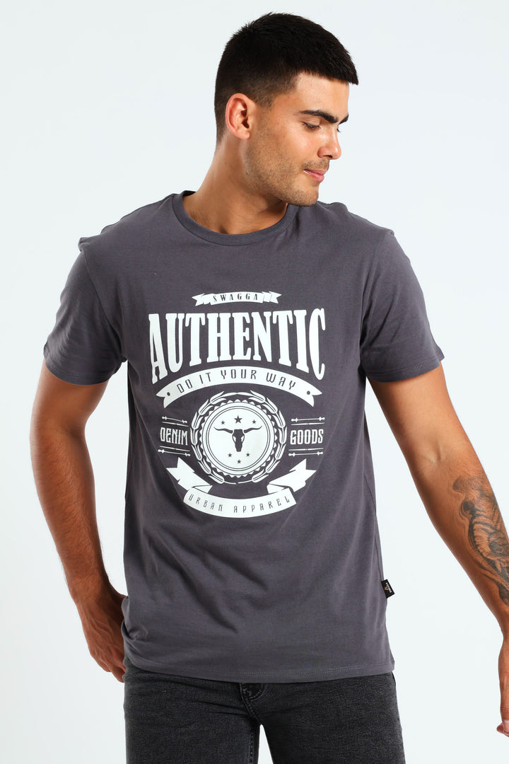 Basic Print Short Sleeve T-Shirt - Charcoal