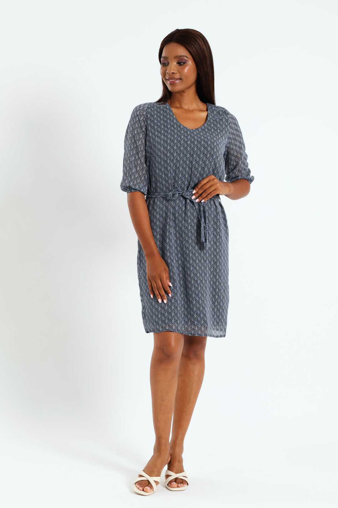 Popover Chiffon Belted Dress - Navy