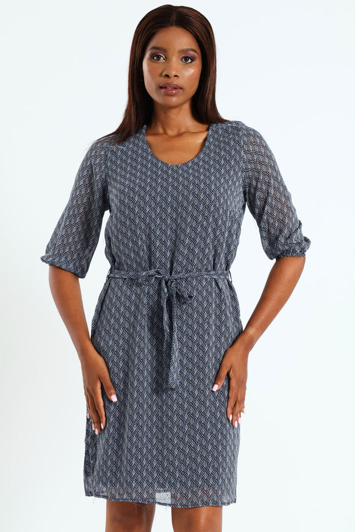 Popover Chiffon Belted Dress - Navy