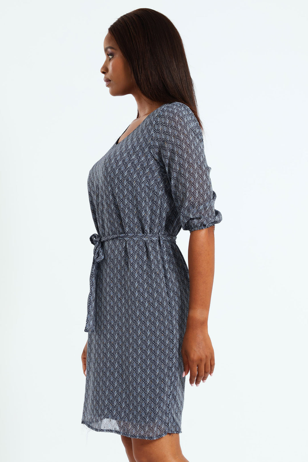 Popover Chiffon Belted Dress - Navy