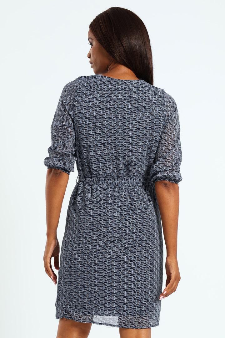 Popover Chiffon Belted Dress - Navy