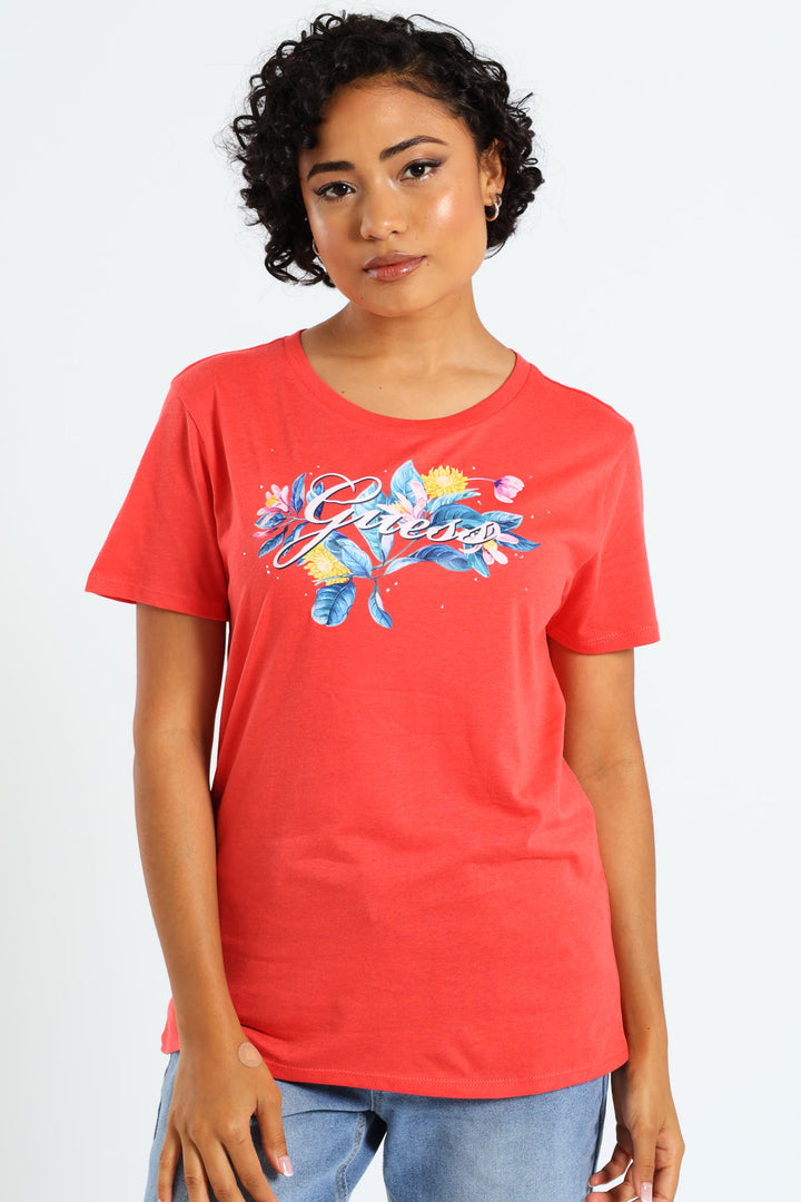 Tropical Script Tee - Coral