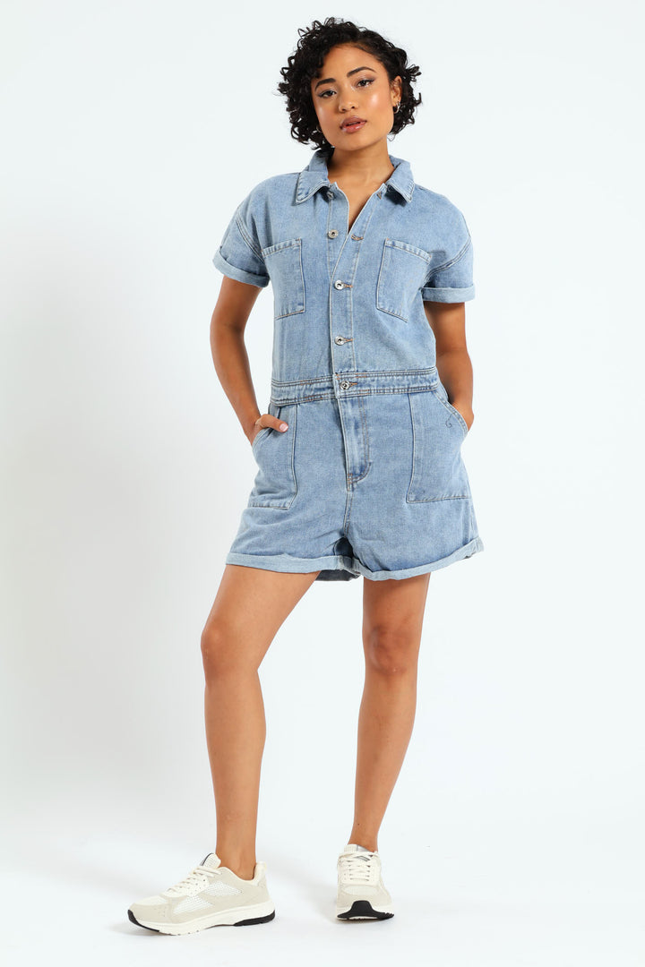 Denim Shortall Jumpsuit - Mid Blue