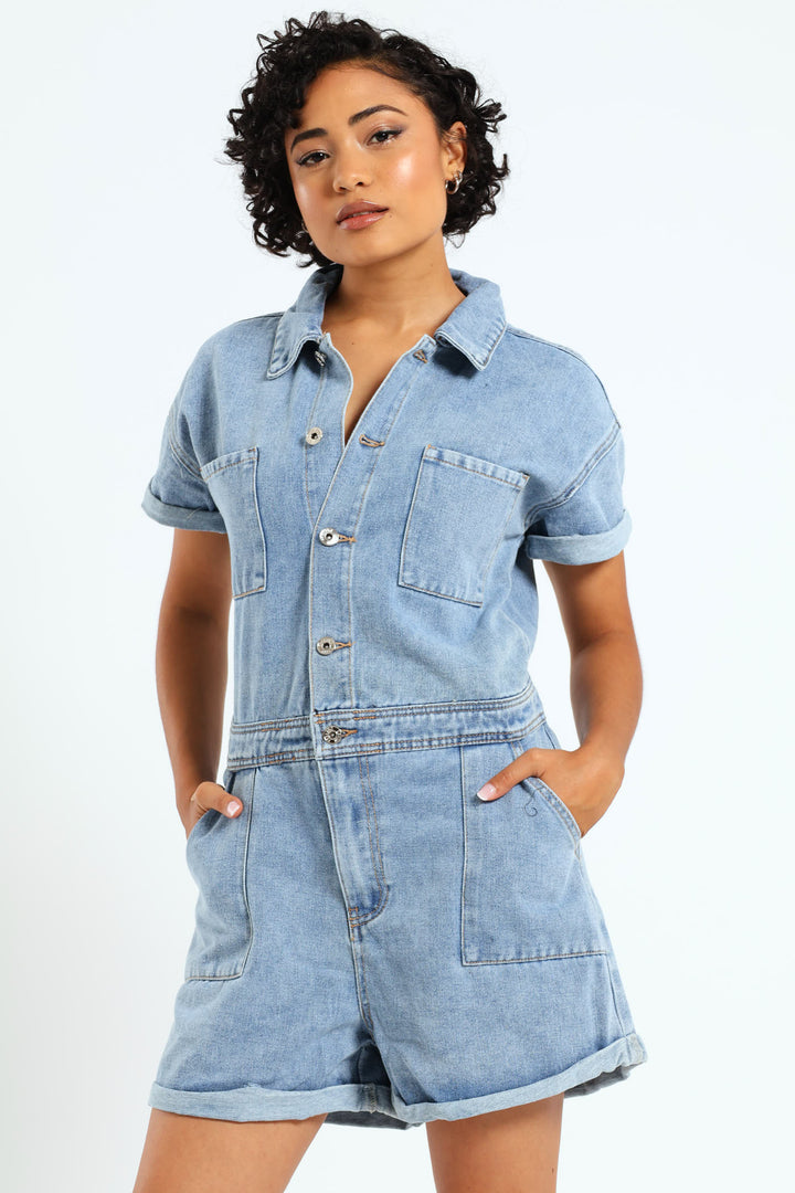 Denim Shortall Jumpsuit - Mid Blue