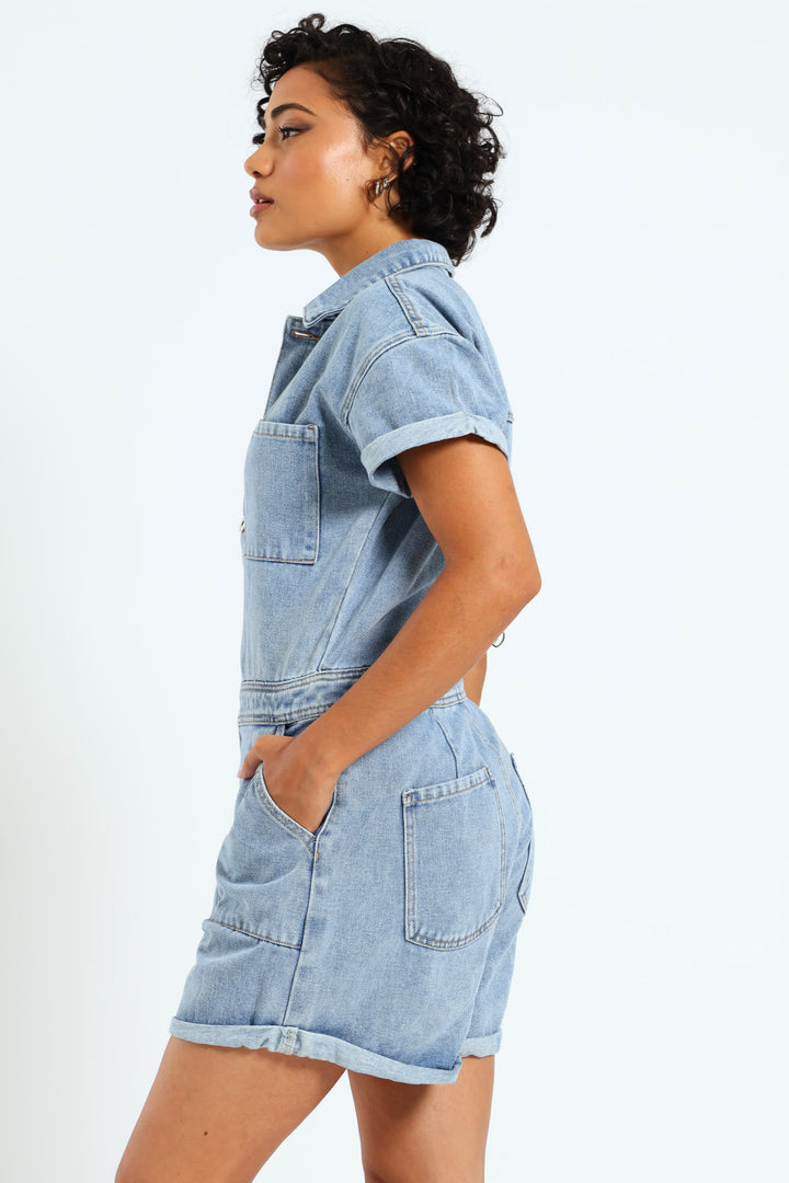 Denim Shortall Jumpsuit - Mid Blue