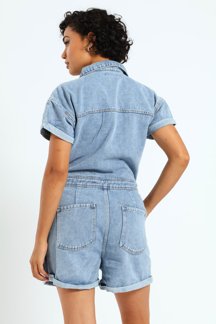 Denim Shortall Jumpsuit - Mid Blue