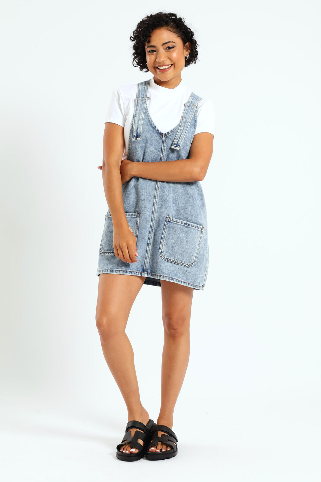 Denim Pinafore Dress - Mid Blue